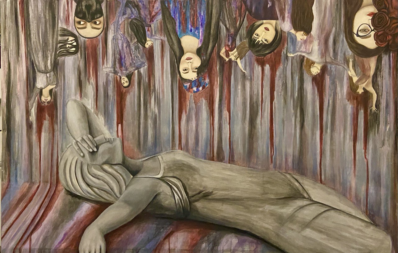 Untitled acrylic painting with suspended figures